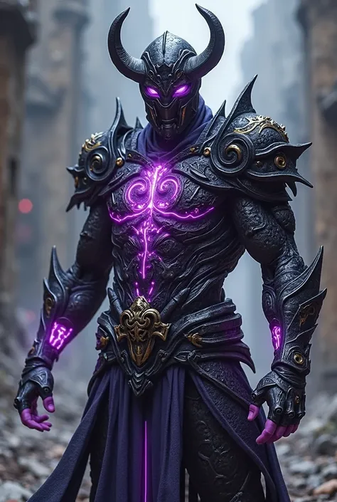 Dnd style Appearance: An imposing warrior clad in fractured black armor, pulsating with glowing purple runes. His helmet has curved horns, and his body appears partially fused with alien metal.

Extra Details: His armor seems alive, with pulsating veins of...