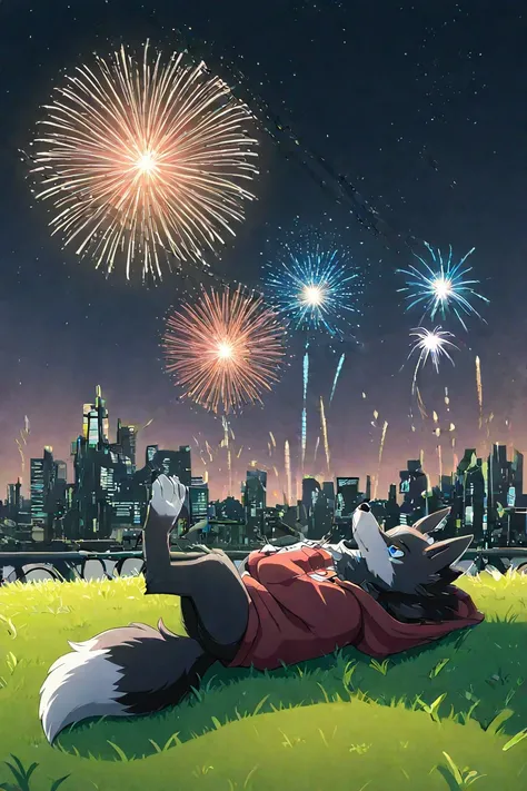 furry wolf character, pointed ears, long fluffy tail, white and black fur, blue eyes, wearing hoodie, laying on grass in futuristic park, fireworks, anime-style illustration, no feline, no cat, no panther, no puma.