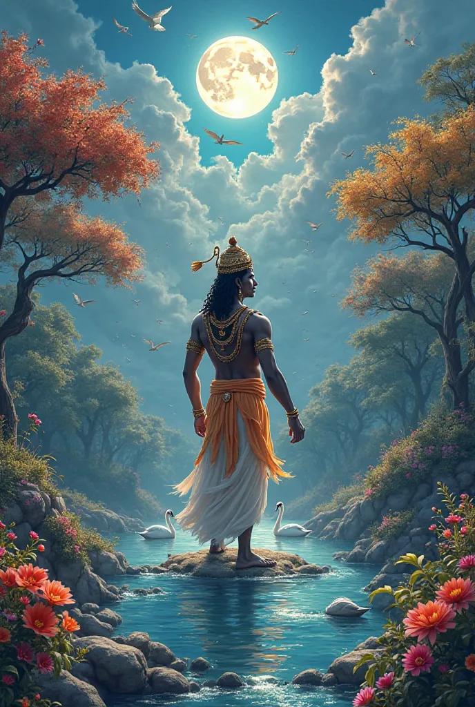 "Lord Murugan stands majestically in heaven, surrounded by beautiful trees adorned with vibrant, colorful flowers. Behind him, a serene river flows gracefully, with two elegant swans gliding on the water. The sky above is illuminated by a radiant full moon...