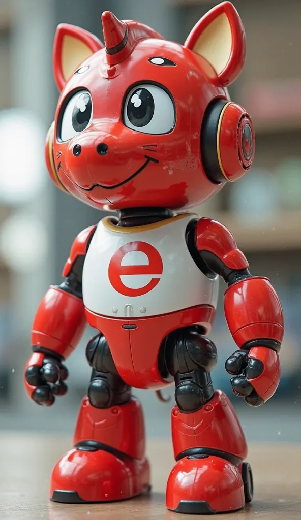  Fantastic　realistic footage　 Japan's Office District　The upper body is red and white in the shape of a cute little pony robot with the white letter E inside the red maru on the chest　