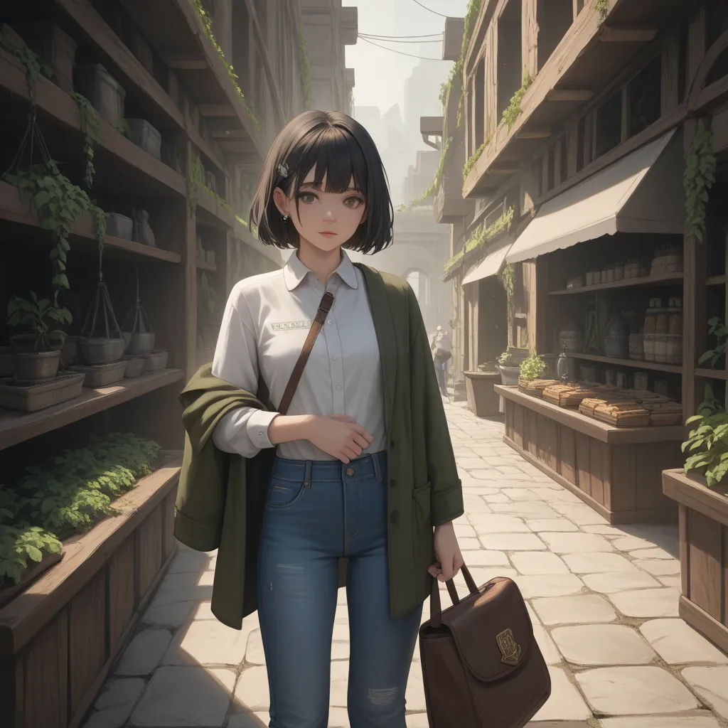 (short haired all back),1 person,Age 30,moss green half coat,sling,in the ruins,One-shoulder bag,anime style,2D, collared shirt, jeans,is facing the front,Antique Shop