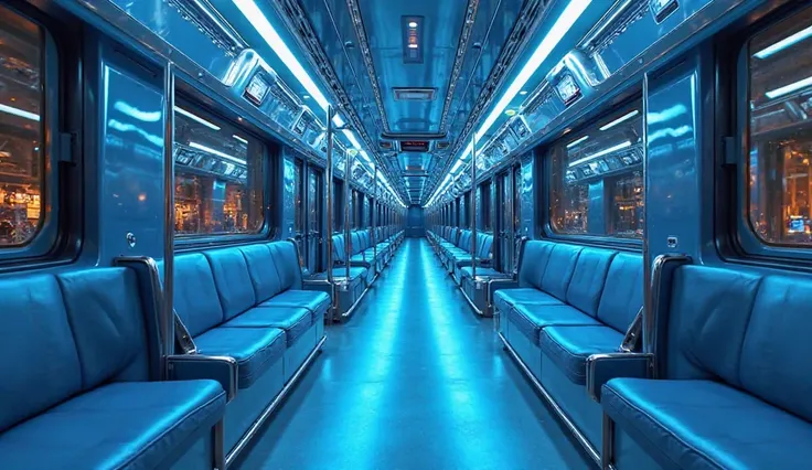 "A high-definition, shining, and beautiful showroom featuring the luxurious interior view of a blue Rutherford train. The train's interior has a sleek, modern design with polished surfaces, ambient lighting, and premium seating. The showroom is spacious, w...