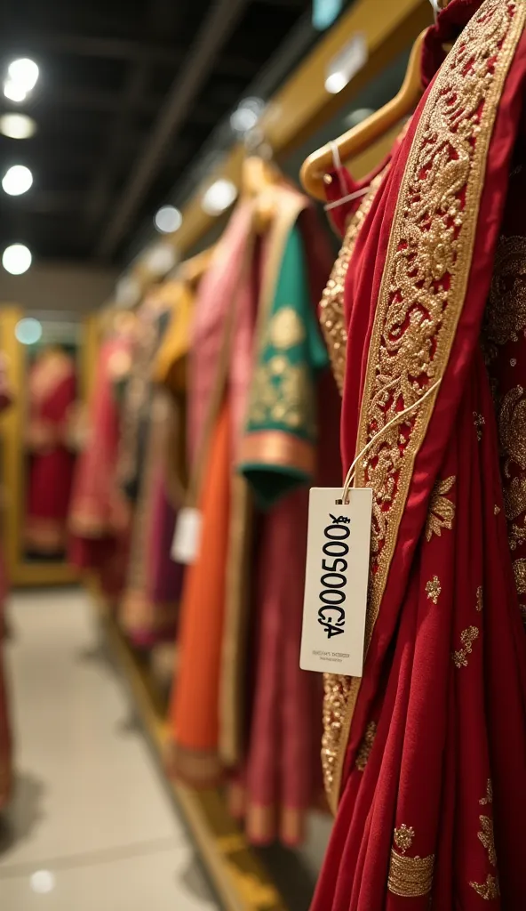 A **Documentary-style, realistic photograph inside a luxurious Indian saree showroom, captured in National Geographic style. A richly embroidered saree with intricate gold and silk detailing is elegantly displayed on a rack. The focus is on the price tag, ...