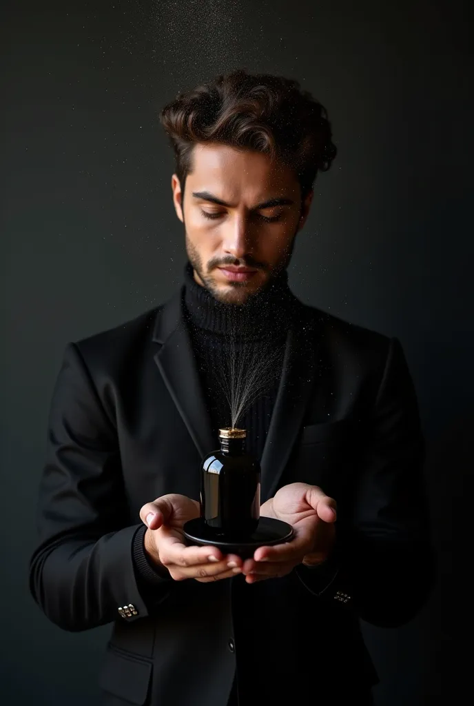 I want a photo for the perfume advertisement of the perfume jar in the hands of a very handsome man, the perfume is sprinkling on his face. I want the perfume drops to be like a mobile, then the perfume jar is like a mobile, it means it is a plate, then th...