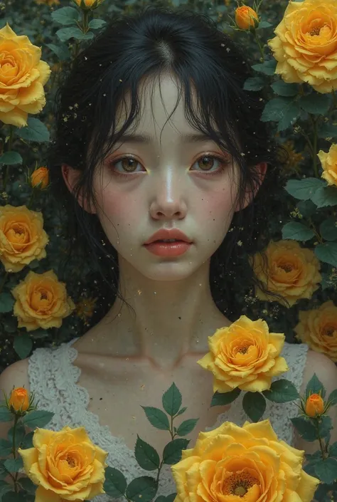 Sad girl face, tears in eyes, old vintage vibe, surrounded by blooming yellow roses, leaves and thorns