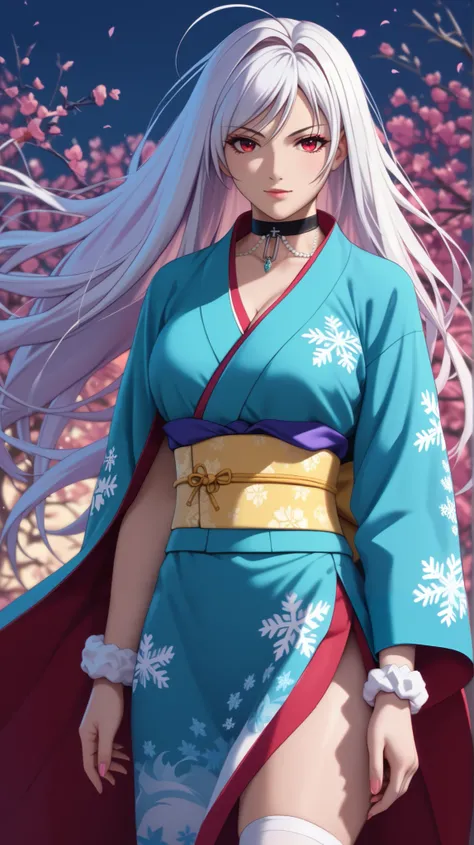 vampire moka akashiya, long hair, red eyes, ahoge, white hair, large breasts, maxi length pastel-blue kimono with [white] obi, Extremely detailed snowflake-symbol print, white very short ankle socks,wrap a white scrunchie around wrist,