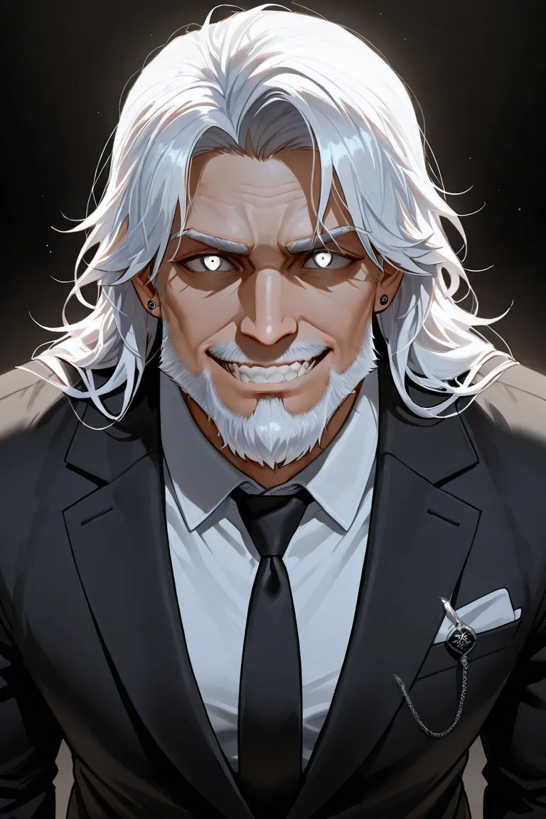  1 man, middle age, White hair,  short beard on the cheeks,  black suit, pale smile, sharp eyes,  strong physique , white background