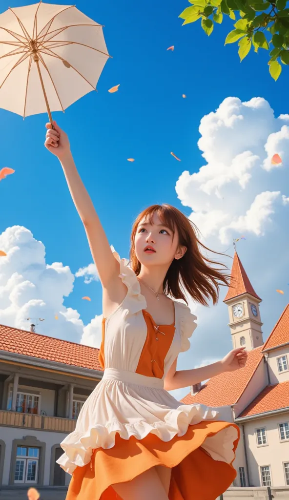 A young girl in an orange and white ruffled dress, brown curly hair, a lively expression, sparkling eyes, a warm smile, walking down the street, a sudden wind blows her orange umbrella away!
She looks up at the sky with a surprised look on her face and tri...