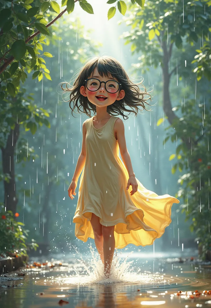 (( top quality)), ((傑 top quality、 Masterpiece、High sensitivity、 high resolution、 detailed depiction of up to the front door、 depicting a delicate face))Slender Woman、Glasses、 Smile 、fun、 One Piece、Barefoot、Jump through a puddle、