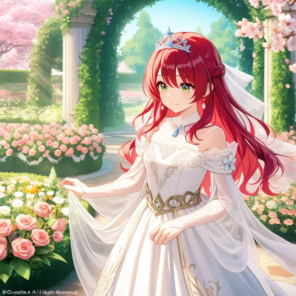 Create a highly detailed 4K image of a regal, elegant princess standing gracefully in a lush, blooming garden. She has Short, Short wavy red hair that shimmers in the sunlight, cascading over her shoulders. A beautifully crafted silver and gemstone crown r...