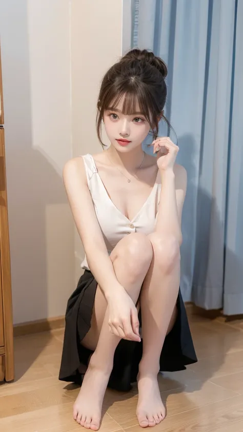 charming，full body shot，Excellent body ，, pull the dark brown hair behind the ears and roll up a single bun，Hair is naturally flexible，Extremely fair skin，Extremely slim business shirt，Unfasten the chest button，(((Take off the short skirt to the ankles，Exp...