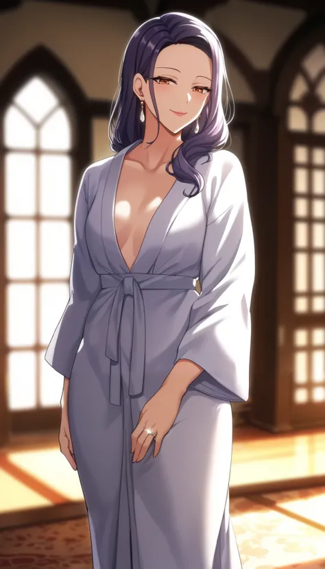 (masterpiece, Highest_quality:1.2), 1 girl, Alone, mature woman, tsub, long hair,  purple hair, (housewife:1.5, ring, robe, wedding ring), beautiful eyes, focusing on women, watching viewers, ,  very small breasts, Chest, wide hips, (front view:1.5) ((clos...