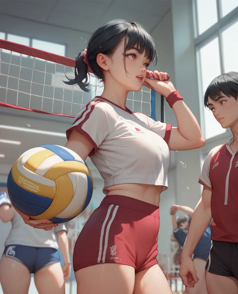 Girl, black hair, bangs, Volleyball playing,school gym