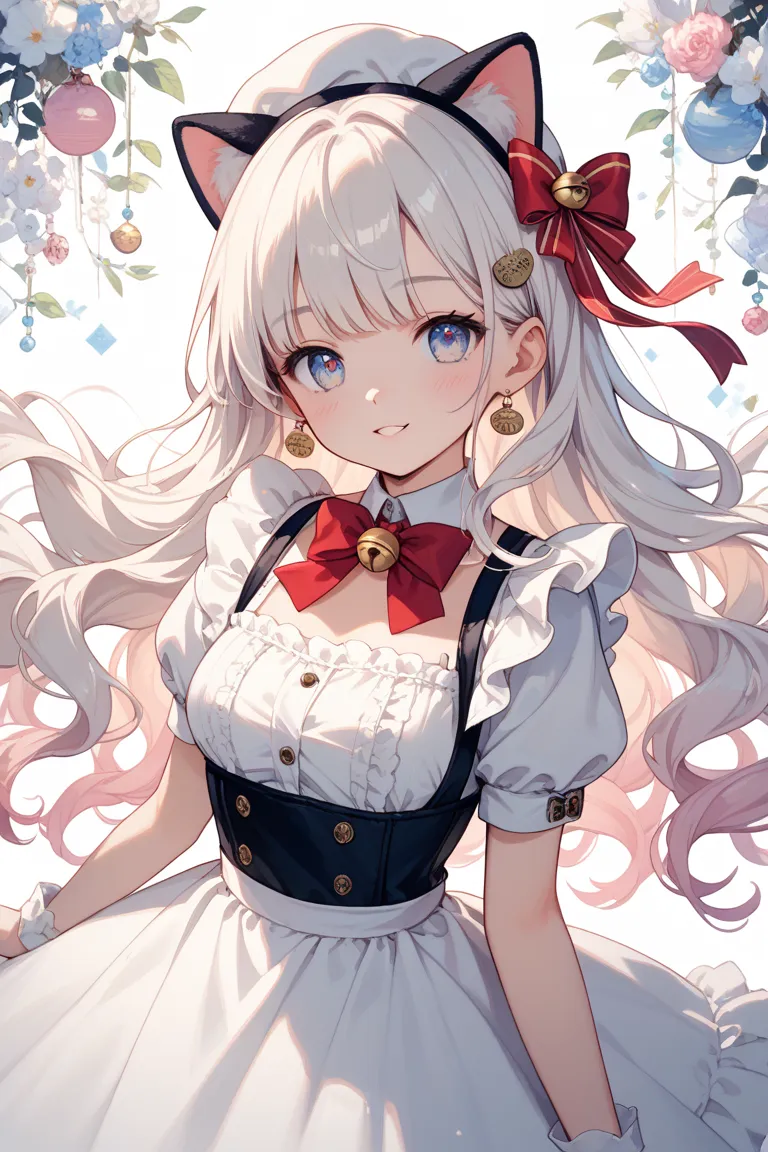 white mini character background girl、mask、Cat Eyes、 Hair、white bear hat、maid clothes