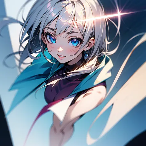 1girl, anime, short white hair, white hair, silver hair, bright eyes, blue eyes, light_blush, smiling, happy, gazing, standing in a park, oversized hoodie, full body portrait