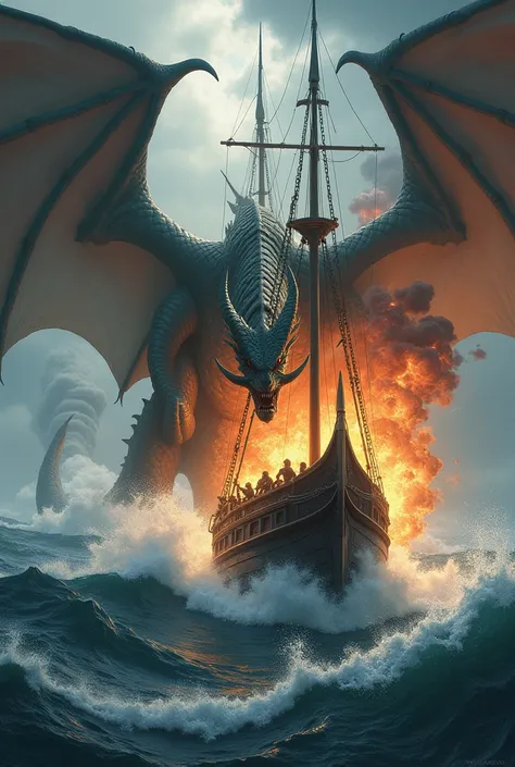 The dragon attacked the sailing ship in the wild sea and the ship was being torched by the dragon