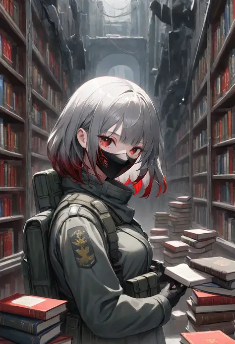  foreign country,   alone,      Female 1, ,    Gray Hair  , Red highlights on the tips of the hair,   Red Eyes, 、   cool atmosphere with lots of books, ,  soldier、  black mask