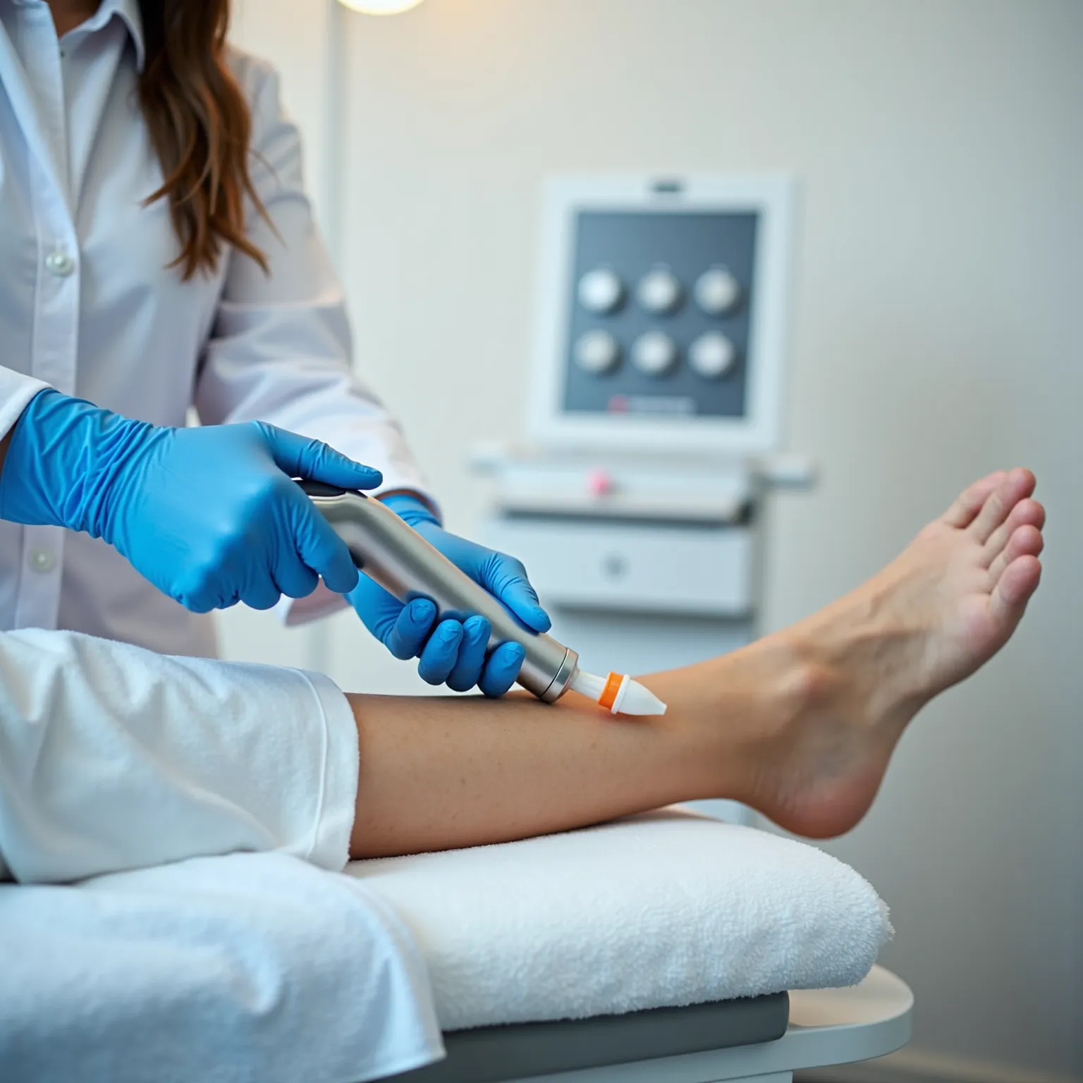 A physiotherapist wearing blue latex gloves is performing a medical treatment on a patient's leg using a modern therapeutic device. The patient’s leg rests comfortably on a cushioned therapy table, with a white towel underneath. The therapist gently applie...