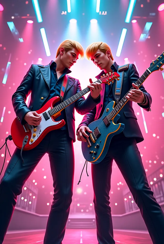 Trump and Zelensky, drawn in anime style, wear stylish Japanese rockstar outfits while playing anime-inspired guitars, with exaggerated expressions and bright, dynamic lighting effects.