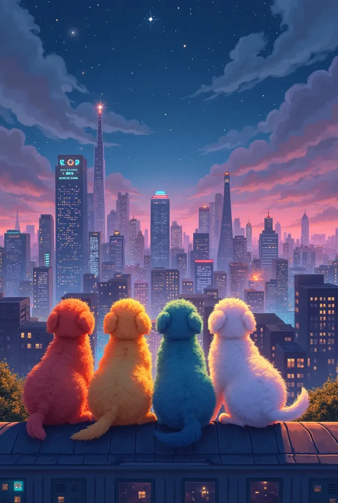 Here’s a prompt tailored for your scene:

**Prompt:** "On a city rooftop at night, five playful puppies with vibrant fur in shades of orange, yellow, blue, green, and white gather together real puppies. The skyline glows with twinkling lights, and neon sig...