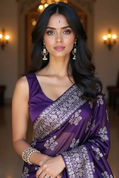 closeup picture  of A young pakistani  woman of medium fair skin tone with straight black hair, approximately in her 30s, is elegantly draped in a traditional saree. The saree features intricate silver floral patterns woven against a deep purple background...