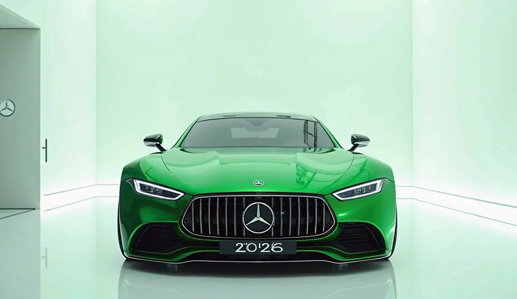 A captivating and futuristic image of the  2026 Mercedes Maybach s class is displayed in a luxurious white showroom. The car is painted in a striking vibrant green  hue, emphasizing its sleek, aerodynamic design with bold accents that highlight the cutting...