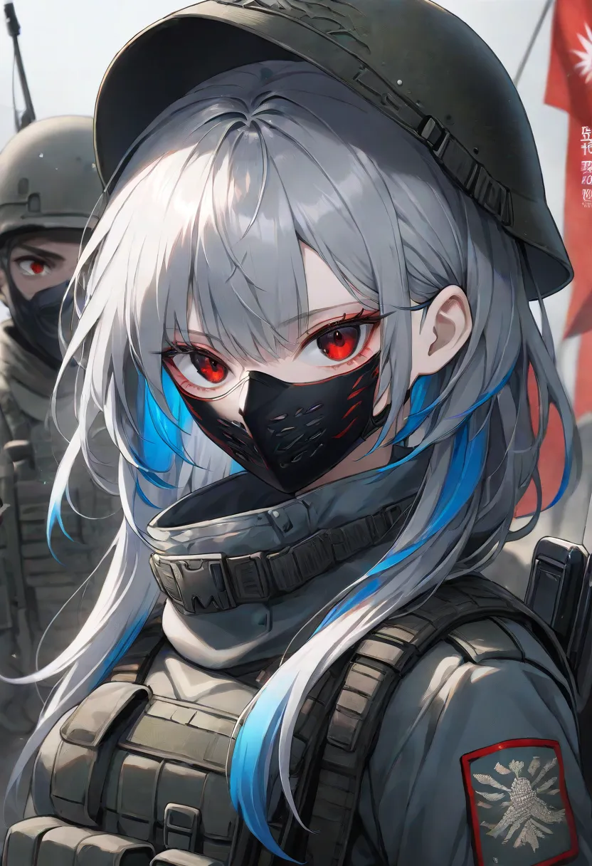  foreign country,   alone,      Female 1, ,    Gray Hair  , Blue highlights on the tips of the hair,   Red Eyes, 、   cool, ,  soldier、  black mask