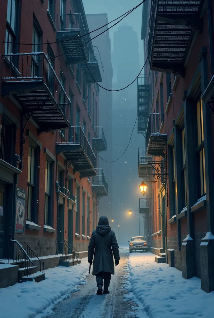 cold and snowy winter night in the alley