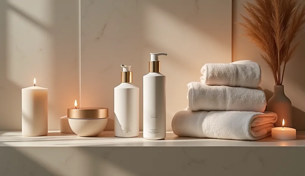 "A bathroom shelf with neatly arranged skincare products, soft towels, and aromatic candles." 🛁🧴
