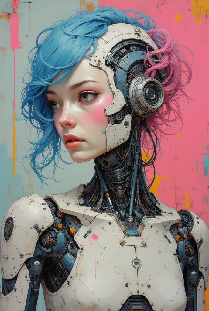 Robot human women portrait art matte color colourful textures colourful robot body texture korean face blue and pink hair right angle face left angle 
