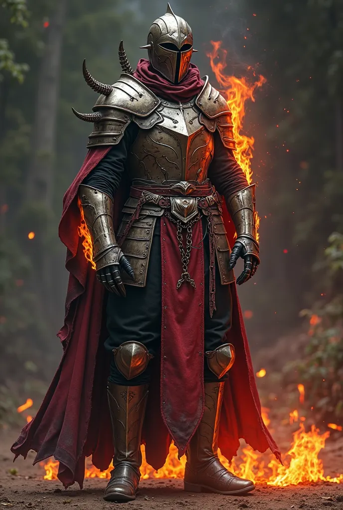 Iron-Blend Leather Armor (Medieval Knight Style + Cyberpunk Warriors)
Armor with flames burning all the time
Leather pants and heavy boots
The black-and-red veil that was missing resembled being burned.
trinkets: Iron Claws, Half Face Mask, Chains