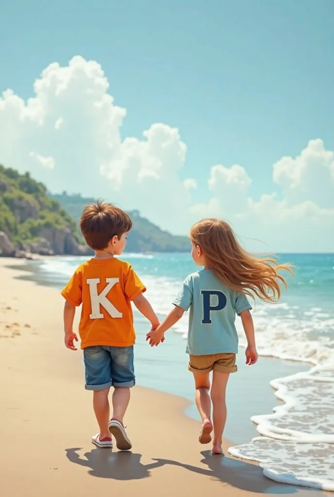 the boy who wears a letter K shirt and the girl who wears a letter P shirt is walking together in the beach
