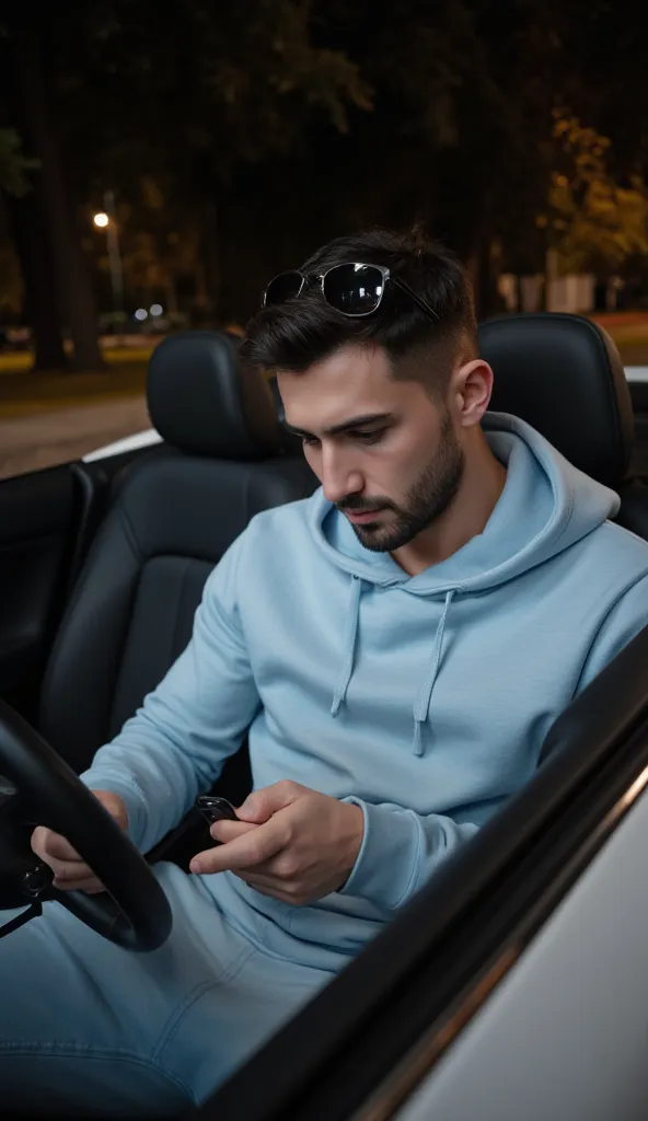 a handsome young turkish guy with muscle, dark very short hair fade middle parting and goatee beard  he wearing a light babyblue hoodie and a joggingpants in light babyblue and a small prada sunglasses is on his head  he is in a cabrio car with black seats...