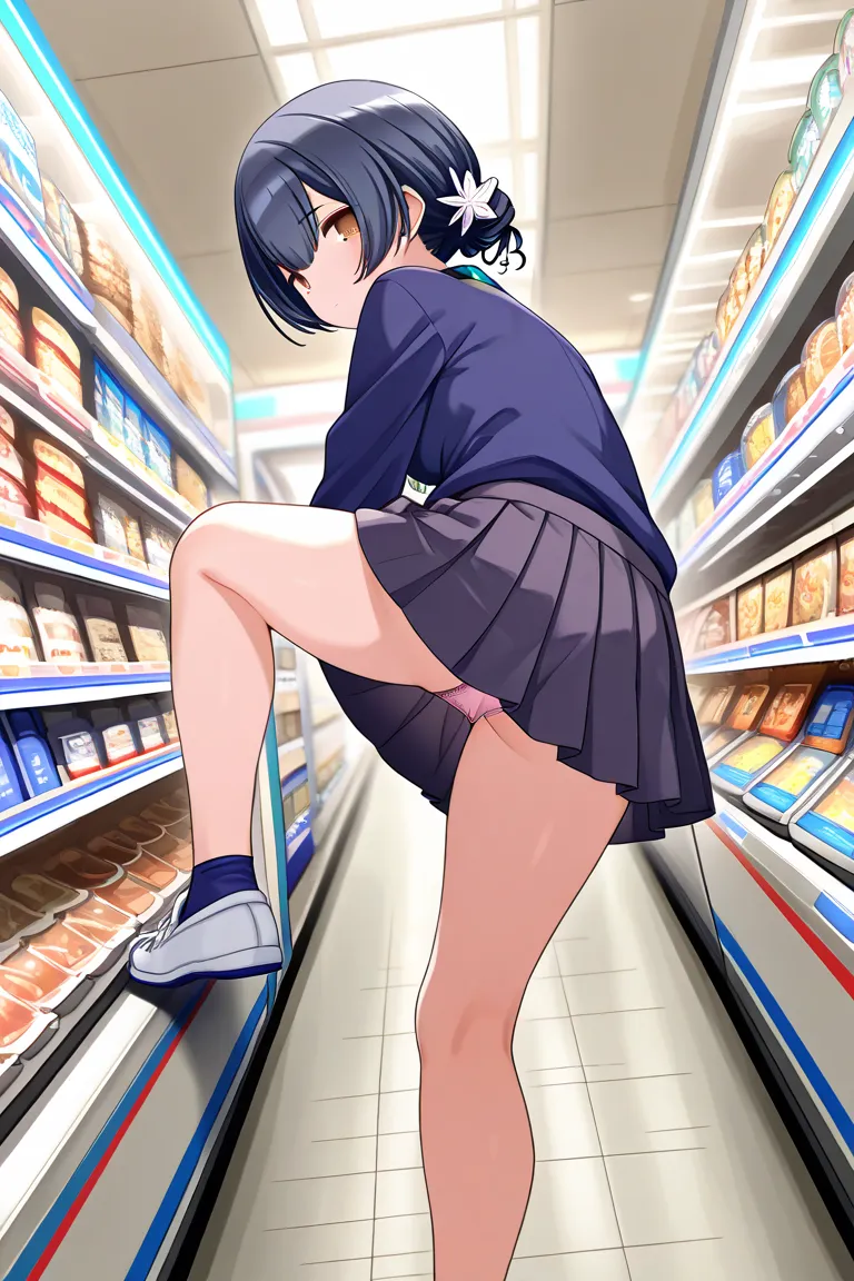 Morino Rinze, Full body image、  gal、brown eyes, Glowing Skin、long blonde hair,, ((convenience storeの制服を着用:1.4))、big breasts, , Hi-Res, ultra sharp, 8k, masterpiece、convenience store、flatter、 green、navy blue pleated skirt、 pink panties 、 open legs、 Panchira...