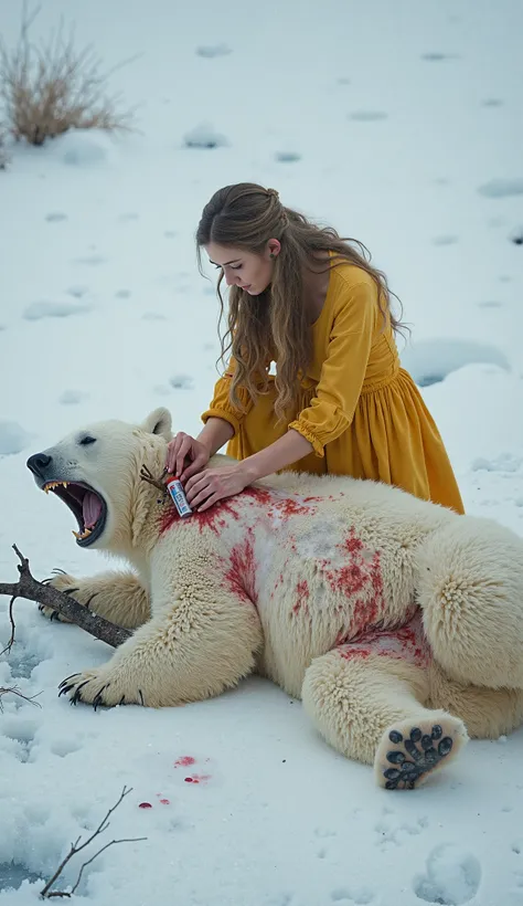 The surroundings are covered in snow. A **polar bear** lies on the ice, crying out in pain. A **dead tree branch is lodged in its belly**, and **blood is oozing from the wound**, staining the white snow around it.  

A **beautiful woman wearing a yellow dr...