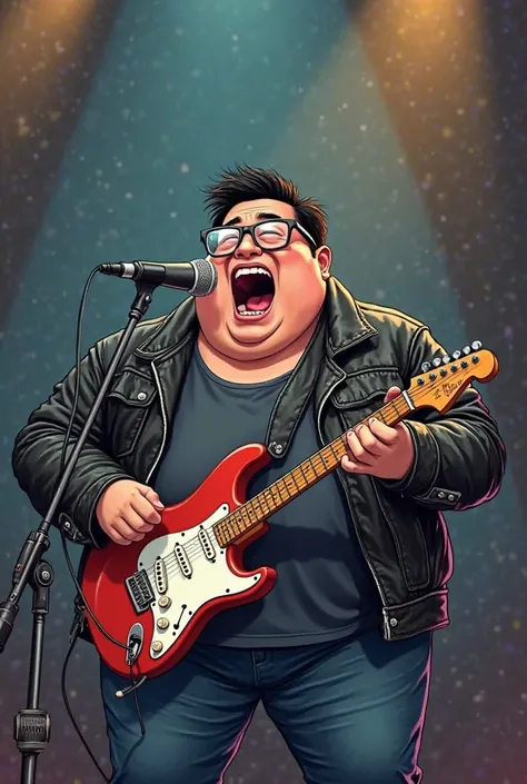 Cartoon image of a fat Asian man wearing thick-framed glasses and wearing a leather motorcycle club jacket holding a guitar and singing on a microphone written at low drop D 