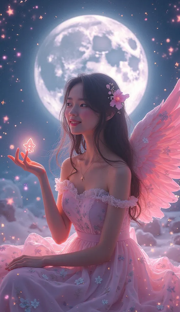 Fantastic Space　Night Sky　is flying。 full moon　Cherry blossoms dance
Beautiful and pretty woman sitting in front of a star-shaped pink gold　 Angel Wings on the Back 　has a pink gold star on her hand。smile

