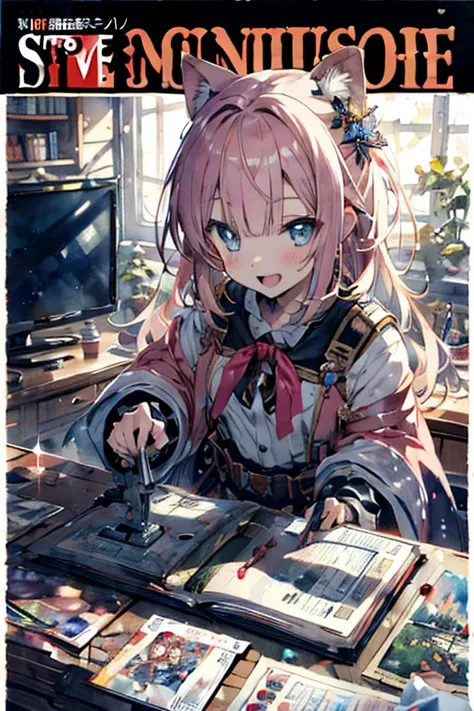  (masterpiece), (best quality), detailed, 1 girl, soro, (((beautiful detailed)))(cute face:1.2)3girl,Making otaku costumes, tv-game, Table, Sewing, sewing machine, isometric, Fabric, cat running around covered in sheets in the background(sharp lines:1.2)(c...