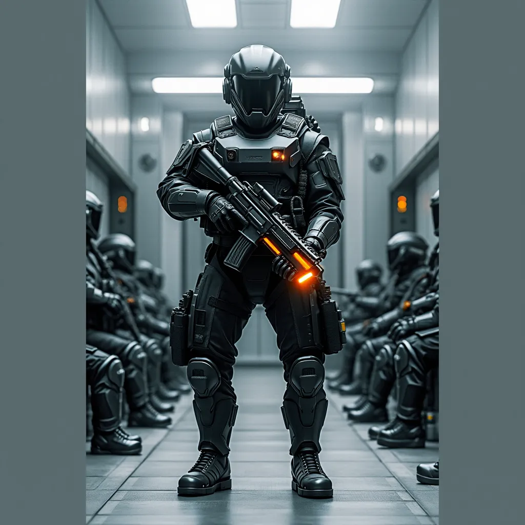 Futuristic senior officers in matt black ballistic armor (with light scuffs and scratches), Their helmet is designed in a high-tech style with a protective tinted visor and built-in infrared sensors. He holds a massive futuristic gun with a bright orange b...