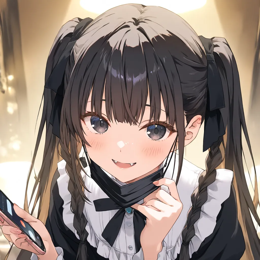 Solo,1girl
, My dress-up Darling styles art, Very beautiful girl, Cute girl, young, Black hair, Black eyes, very long twintails hair, Removing black mask, fangs, black ribbins, Braids hair, lolita Y2k outfit, hold phone, Smile, blush, Anime, 8k, Popular gi...