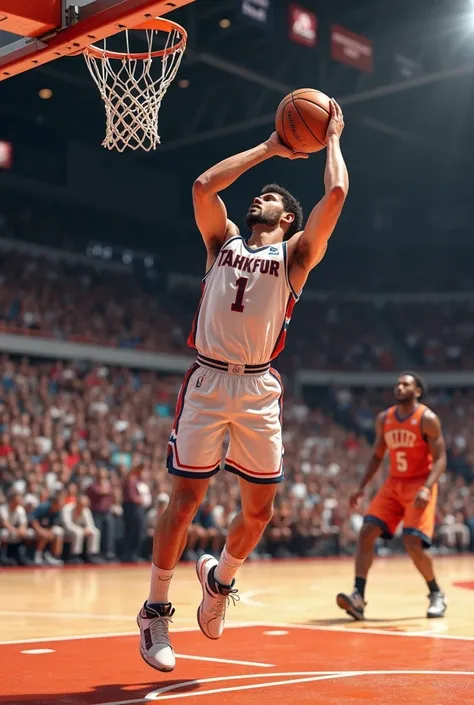 a basketball player shooting 3 points and wearing a white tahkfur jersey 