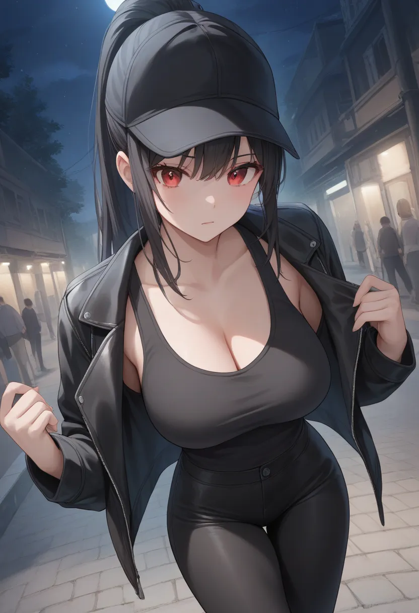 1girl, anime, best quality, masterpiece, long ponytail hair, black hair, red eyes, bangs hair, big chest, black tank top, black leggings, black cap, black leather jacket, night, street