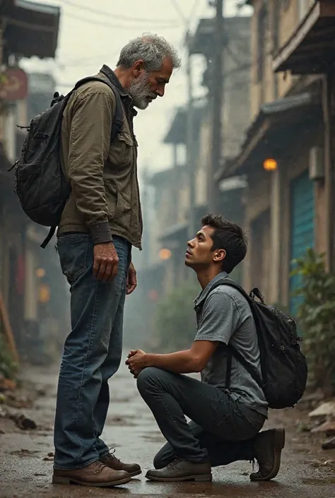 Picture with real human photo of a 45 years old father standing without a bag and young son of 27 years old with a backing bag while kneeling and begging to his father