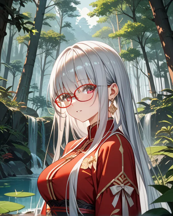 Top grade, 1 middle-aged woman, 30 years old, slim, tall, (silver hair: 1.2), (abnormally long hair: 1.2), layers, bangs over eyes, large breasts, mist-controlling monk, red-rimmed glasses, purified forest,upper body
