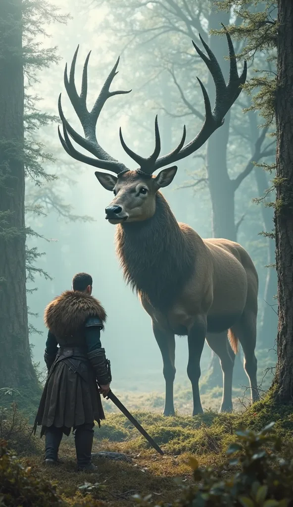 "A realistic, high-definition depiction of a lone warrior standing in a misty, ancient forest, facing a towering stag with massive antlers. The morning fog drapes across the landscape, the air thick with the scent of damp moss and pine. The warrior, clad i...