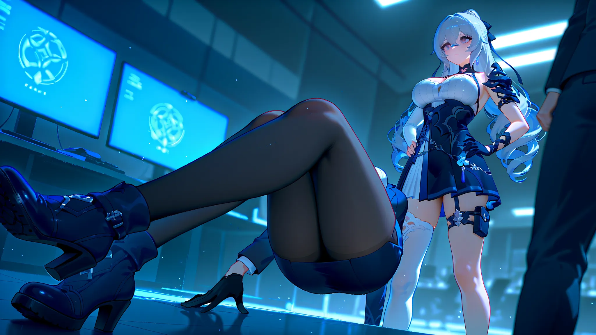 1 girl, Bronya Zaychik \(silverwing: n-ex\), white single thighhigh, thigh pouch, sleeveless dress, single glove, halterneck, single pauldron, single sleeve, arm strap, ankle boots \(outก้ม attitude\),Very large breasts, alone, high-waisted skirt , Thigh T...