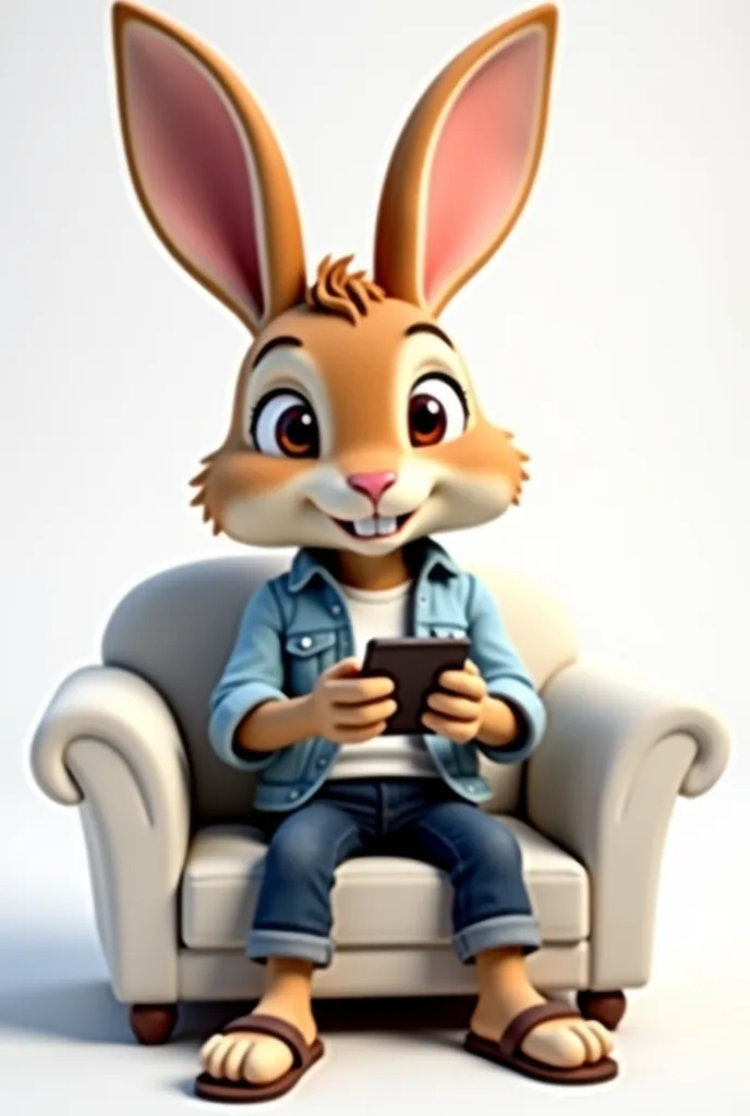 The image shows a 3D cartoon rabbit sitting on a couch. This rabbit is characterized by a cute and innocent face, with large expressive eyes in a warm brown color. Its fur is light brown with some white touches around the mouth and nose, giving it a natura...