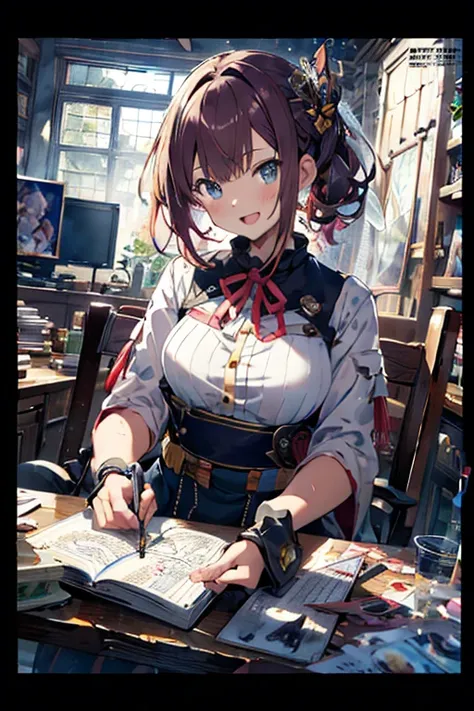  (masterpiece), (best quality), detailed, 1 girl, soro, (((beautiful detailed)))(cute face:1.2)3girl,Making otaku costumes, tv-game, Table, Sewing, sewing machine, isometric, Fabric, cat running around covered in sheets in the background(sharp lines:1.2)(c...