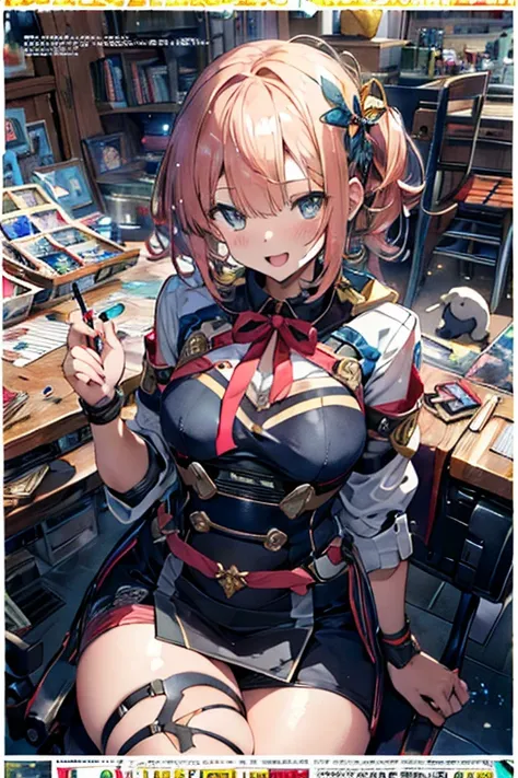  (masterpiece), (best quality), detailed, 1 girl, soro, (((beautiful detailed)))(cute face:1.2)3girl,Making otaku costumes, tv-game, Table, Sewing, sewing machine, isometric, Fabric, cat running around covered in sheets in the background(sharp lines:1.2)(c...