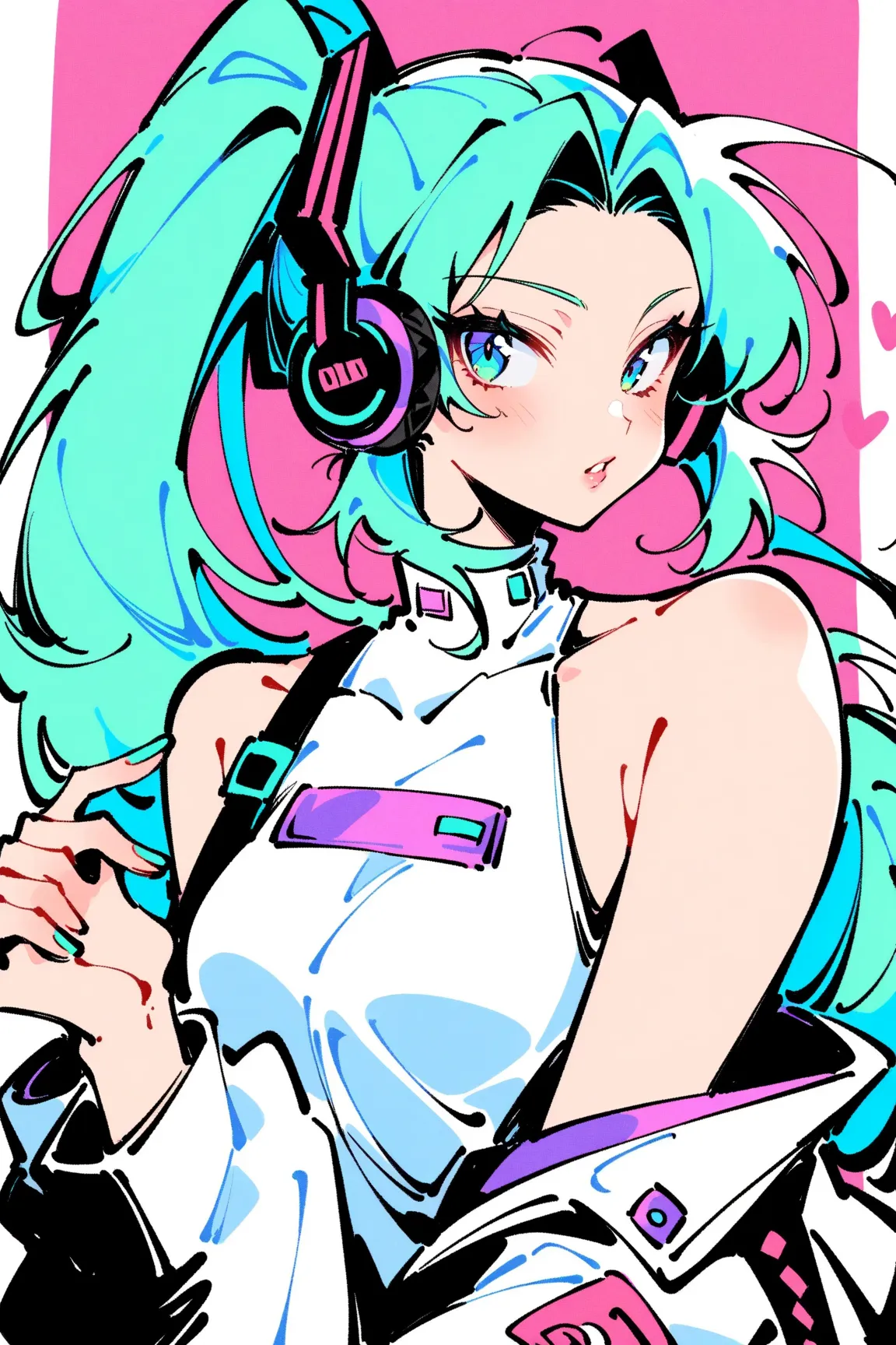 (has the best quality, sketch:1.2),practical,Illustrator ,cunning， Japanese cartoon ,1 girl,  Hatsune Miku ，detailed lips, hand，Off Shoulder， Neon long hair , high ponytail green ， masterpiece,  This style is retro, DJ